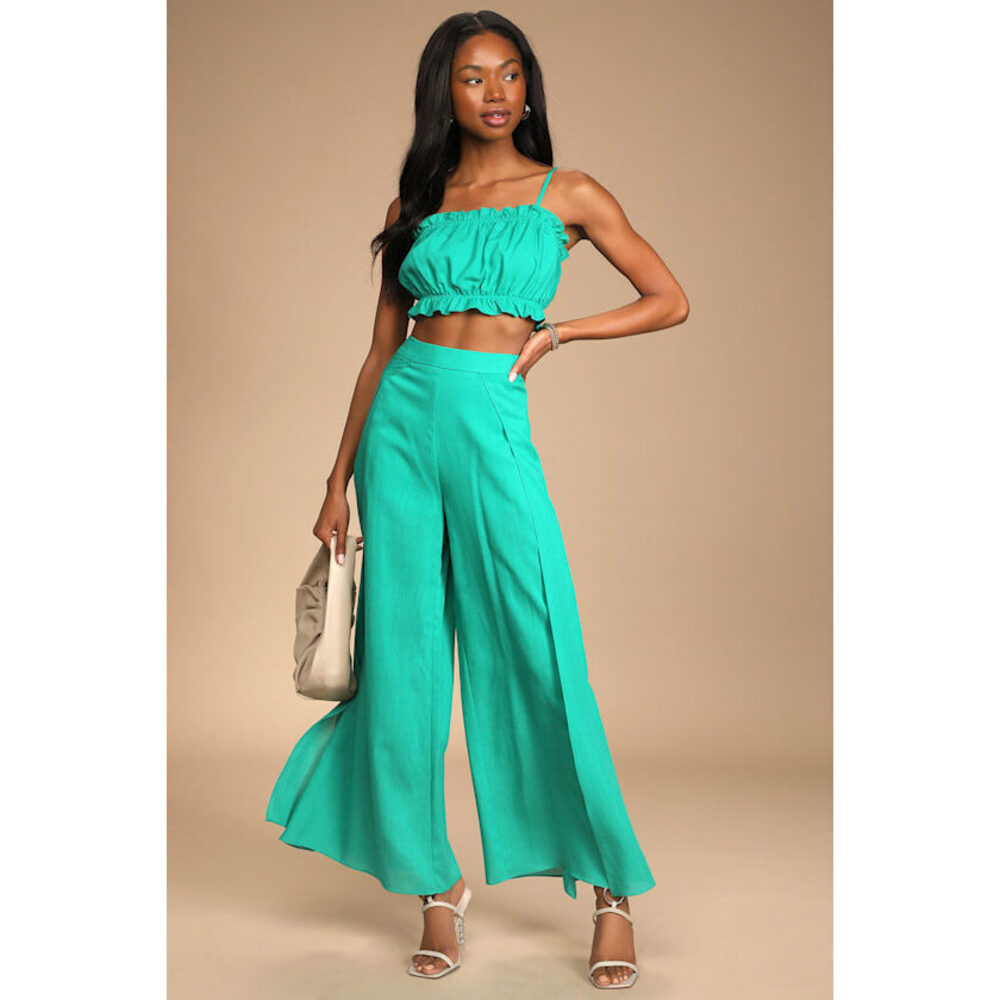 Lulus Postcards From Me Turquoise Ruffled Two-piece Jumpsuit